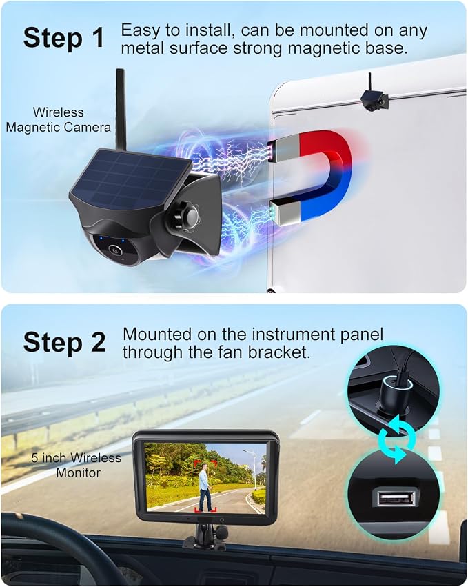 AI Magnetic Solar Wireless Backup Camera with 5dBi RP-SMA Male WiFi Antenna 2.4GHz