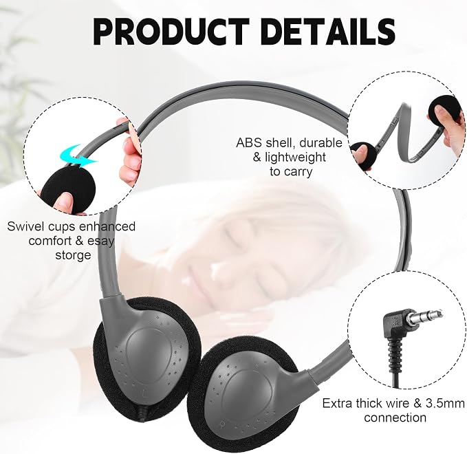 Konohan 10 Pack Headphones Bulk Headphone for School Classroom Student Wired Headphones Adjustable with 3.5 mm Jack for Adults (Grey)