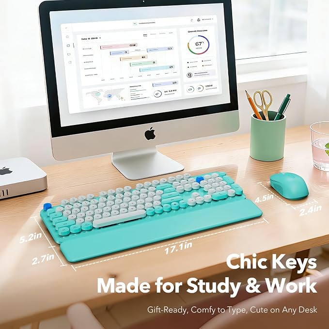 Wireless Keyboard and Mouse Combo with Detachable Magnetic Wrist Rest, Retro Typewriter-Style Keyboard, Round Keycaps, Adjustable Legs, 3-Level DPI Mouse, 2.4GHz for Windows PC/Laptop (Turquoise Blue)