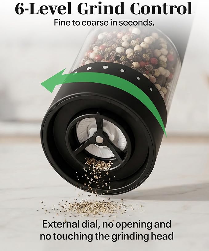 Electric Salt and Pepper Grinder Set - Black 2 Pack Battery Operated Mills with 95ml Large Capacity, Adjustable Coarseness, Built-in LED Light, Automatic Salt & Pepper Shakers for Kitchen