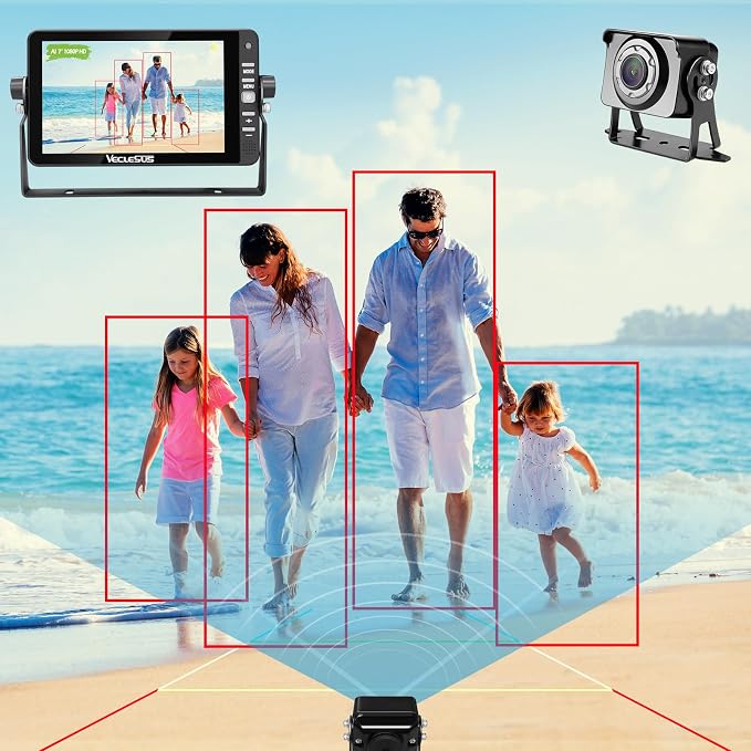 Backup AI Camera for Trucks,VAS Wire Reversing AI Camera System 7-inch 1080P HD Monitor 3 Video 2 Audio Inputs with Automatic Pedestrian&Vehicle Detection,Adjustable Reverse Guidelines