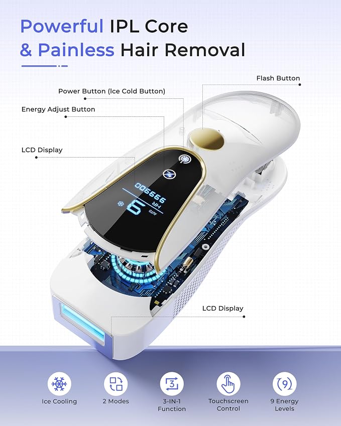 Laser Hair Removal for Women and Men, Air 15 Ice-cooling IPL Device Hair Removal for Nearly Painless & Long-Lasting Results From Home, 3 Modes & Auto Flashing for Fast Full Body Hair Removal