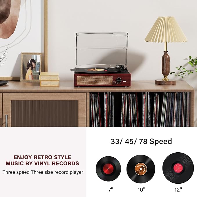 Vinyl Record Player with 2 Stereo Speakers Belt-Driven Vintage Turntables 3 Speed 3 Size Wireless Bluetooth Playback AUX-in RCA Out Headphone LP Vinyl Players Auto Stop Red Wood