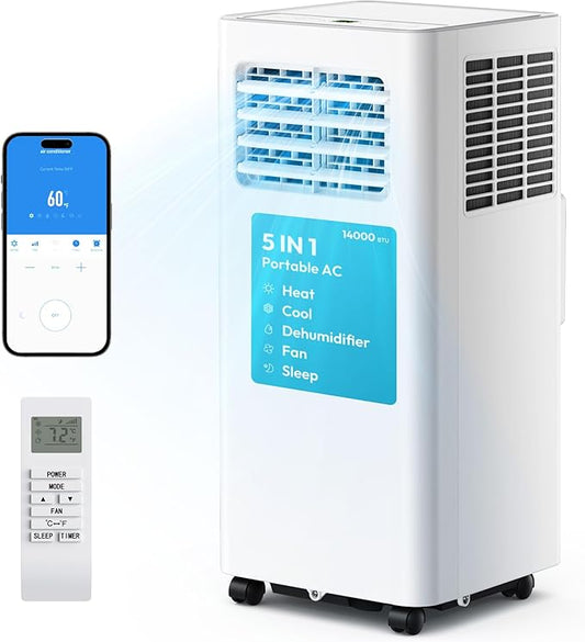 EUHOMY Portable Air Conditioners 14,000 BTU, 5-in-1 Portable AC Unit Up to 650 Sq.Ft. for Bedroom with Cool, Heat, Fan, Dehumidifier, Sleep, AC Units with LED Remote & 24H Timer, Installation Kits