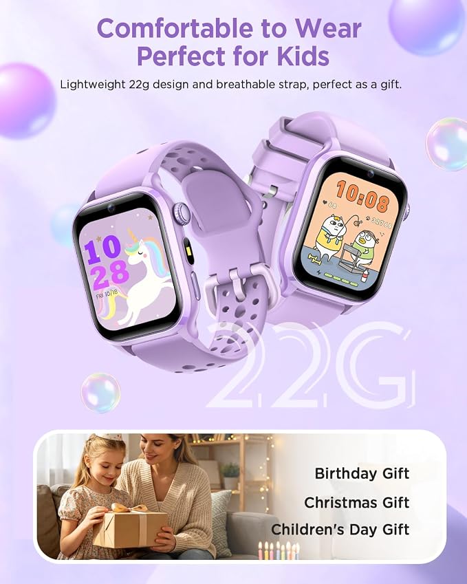 Smart Watch for Kids NO APP/Phone, 1.52" Fitness Tracker Watch Pedometer, Heart Rate, Flashlight, Video Camera, Puzzle Games, Sleep Monitor, IP68 Waterproof, Gift for Boys Girls 5-16,Purple