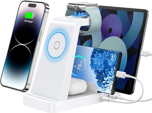 GAUOLN Wireless Charger for iPhone - 5 in 1 Charging Station for Multiple Devices Apple: Fast Wireless Charging Stand Dock for iPhone 17 16e 16 15 14 13 12 Pro Max Apple Watch Airpods(White)