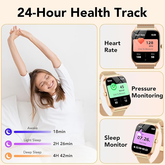 Smart Watch for Women with Bluetooth Calling, Fashion Fitness Tracker, 1.85" HD Touch Screen, AI Voice Assistant, Heart Rate Sleep Monitor, 120+ Sports Modes, Compatible with Android iPhone, 2 Bands