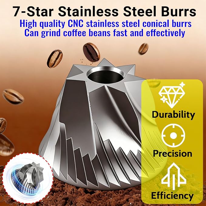 Portable Electric Coffee Grinder, 7-Blade Conical Stainless Steel Burr, 30+ Adjustable Settings, USB-C Rechargeable Cordless Handheld Metal Shell for Espresso & Travel - Black