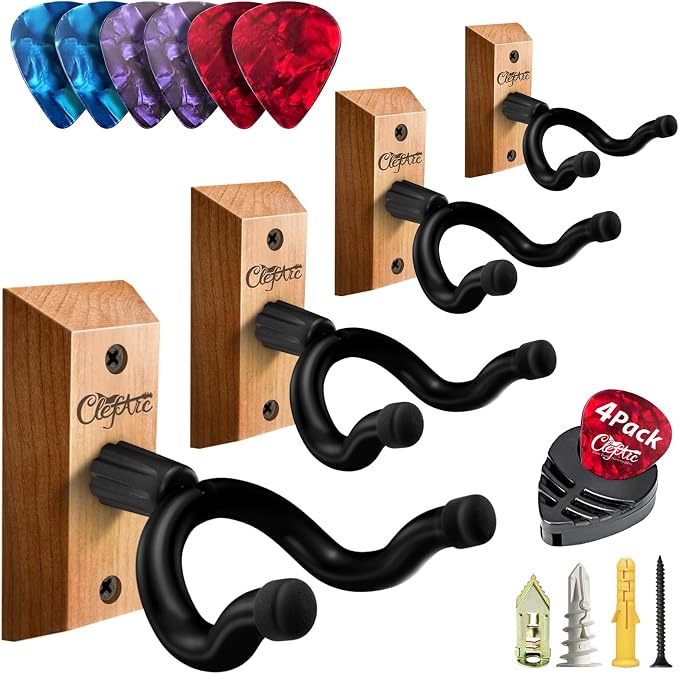 Black Guitar Wall Mount 4 Pack, Picks and Pick Holders, Cherry
