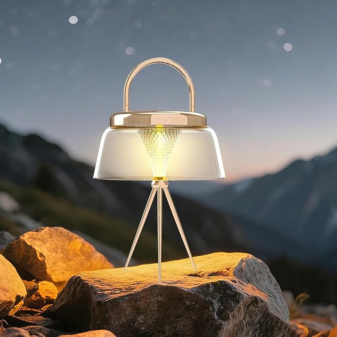 Solar Camping Lantern, 360°COB LED Camping Light Rechargeable with Solar&Type-C, IP65 Waterproof Tent Lights with Hook&Tripod Base, Bright Outdoor Hanging Lamp for Fishing, Power Outage(Gold)