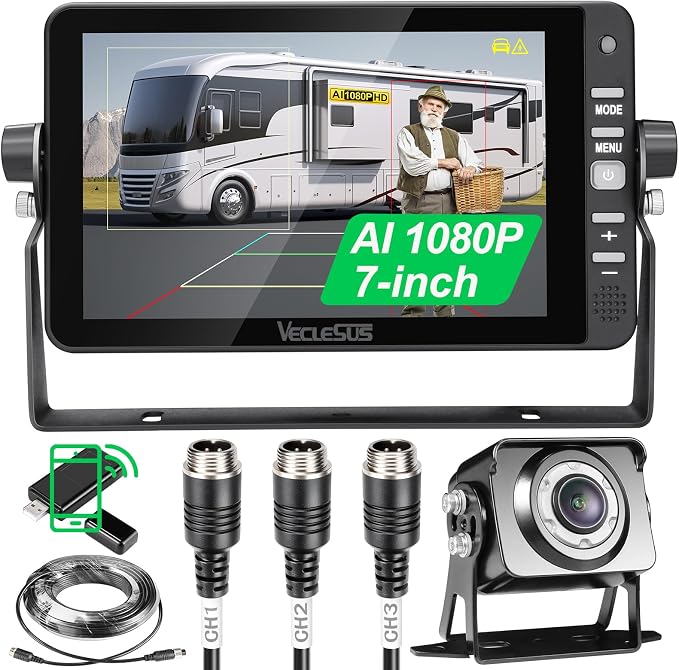 Backup AI Camera for Trucks,VAS Wire Reversing AI Camera System 7-inch 1080P HD Monitor 3 Video 2 Audio Inputs with Automatic Pedestrian&Vehicle Detection,Adjustable Reverse Guidelines