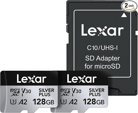 Lexar 128GB (2-Pack) Professional Silver Plus Micro SD Card, UHS-I, C10, U3, V30, Full HD & 4K, Up to 205/150 MB/s microSDXC Memory Card, for Videographers, Gamers (LMSSIPL128G-B2ANU)