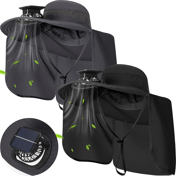Maiteenly 2 Pcs Solar Fan Hat for Men with Neck Flap Bucket Fan Buit in Hats for Hiking Fishing Outdoor USB and Solar Powered