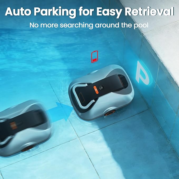 Robotic Pool Cleaner, Cordless Pool Vacuum for Above Ground & Inground Pools, 200mins Runtime Automatic Pool Vacuum Robot for Leaves & Dirt, Powerful Suction up to 2500 sq.ft, Self Parking-Orange