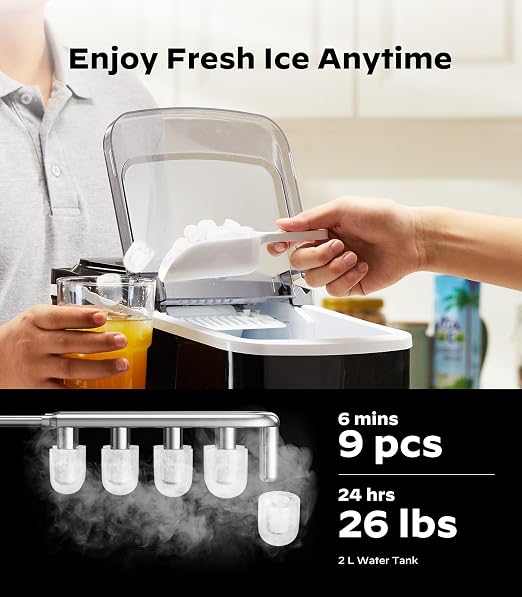 Silonn Smart Countertop Ice Maker, Compact Wi-Fi Ice Maker with App Control, 9 Cubes in 6 Mins, 26 lbs per Day, 2 Ice Cube Sizes, Portable Ice Maker with Self-Cleaning for Kitchen/Office/RV