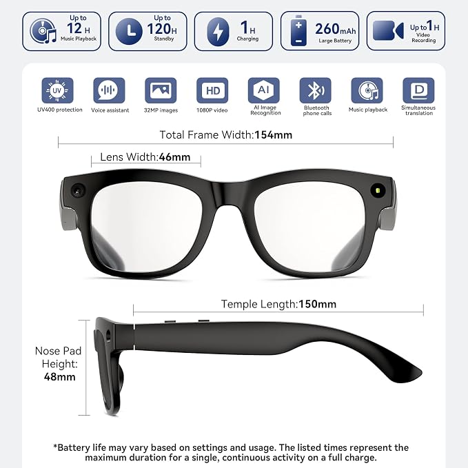 AI Smart Glasses with HD Camera, BT Call, 8MP Anti-Shake Camera Glasses with 1080P Video Recording Dual Mic, Simultaneous Interpretation/GPT Identify Objects, Photochromic Lens