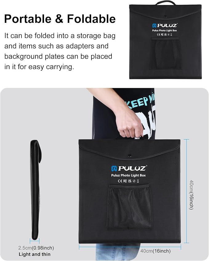 PULUZ Portable Light Box, 16"x16" Professional Dimmable Photo Box Photography with High CRI 144 LED Lights, Upgraded Lightbox with 6 Backdrops for Product Photography