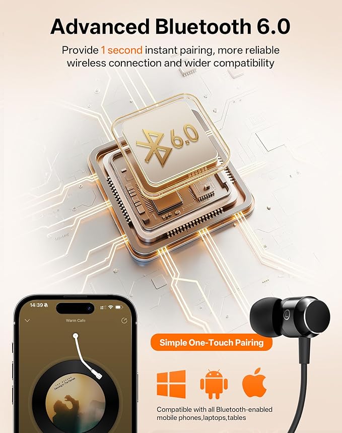 Neckband Bluetooth Headphones, Wireless Bluetooth 6.0 Earbuds with Microphone, Comfortably Light, Deep Bass Earphones 35H Playtime, IPX5 Waterproof, Magnetic Headset for Workout (Black)