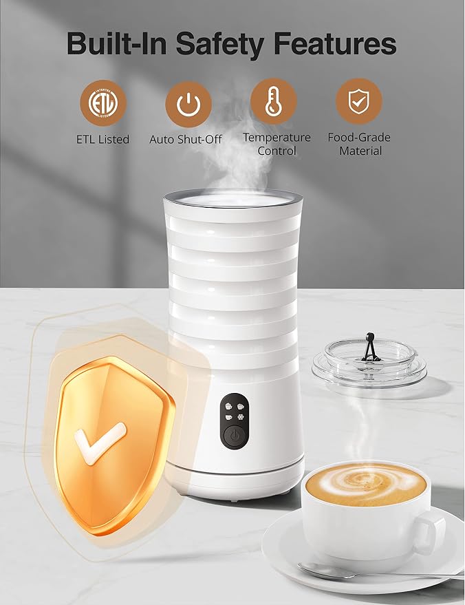Milk Frother, 4-in-1 Milk Steamer and Frother, Hot & Cold Foam Milk Warmer with Temperature Control, Auto Shut-Off Frothers for Coffee, Latte, Cappuccino, Macchiato