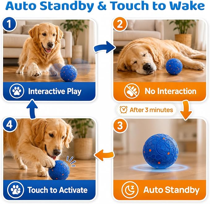 Smart Interactive Dog Ball Toy, Self Rolling Bouncy Ball for Medium and Large Dogs, Durable E-TPU Herding Ball with Auto Movement, IPX65 Waterproof & Washable Shell, Type-C Charging - Blue