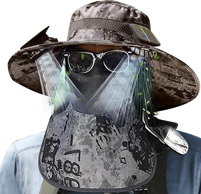 Vingtank Solar Fan Hat, Wide Brim Solar Fan Outdoor Fishing Hat with Removable Neck Flap and Face Cover for Fishing, Hiking, Camping Grey