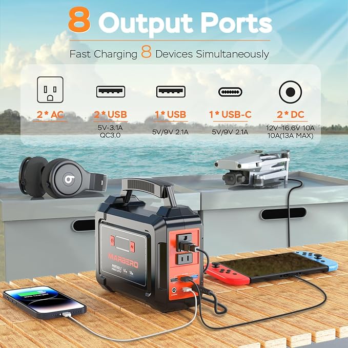 MARBERO Portable Power Station 100W Camping Solar Generator 167Wh Power Bank with AC Outlet 110V with Multi-Output LED Flashlights for CPAP Home Camping Hurricane Emergency