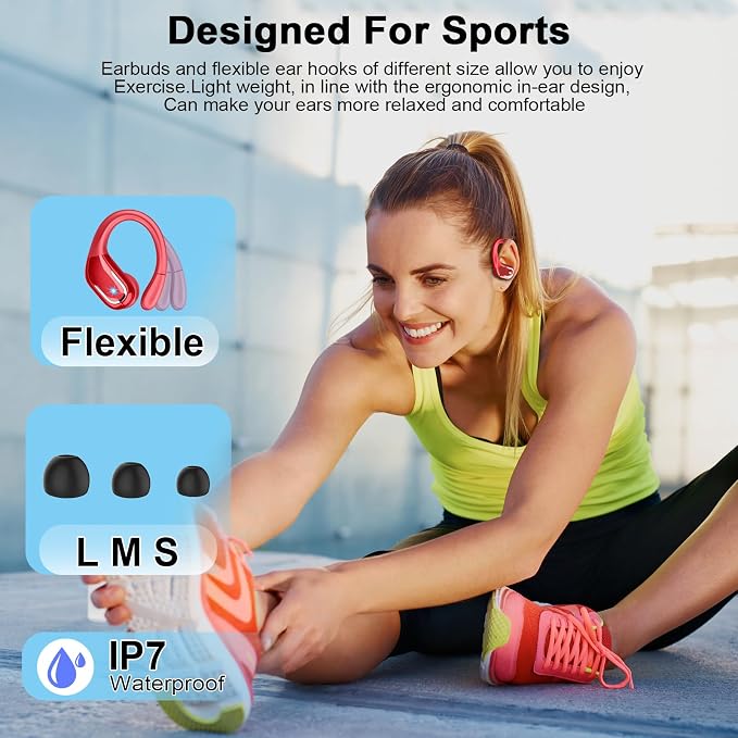 Ltinist Wireless Earbuds, 75hrs Bluetooth 5.4 Headphone Sport, Bluetooth Earbuds Deep Bass Over Ear Buds with Earhooks, ENC Noise Cancelling Earphone Mic, IP7 Waterproof for Workout/Running/Gym Red