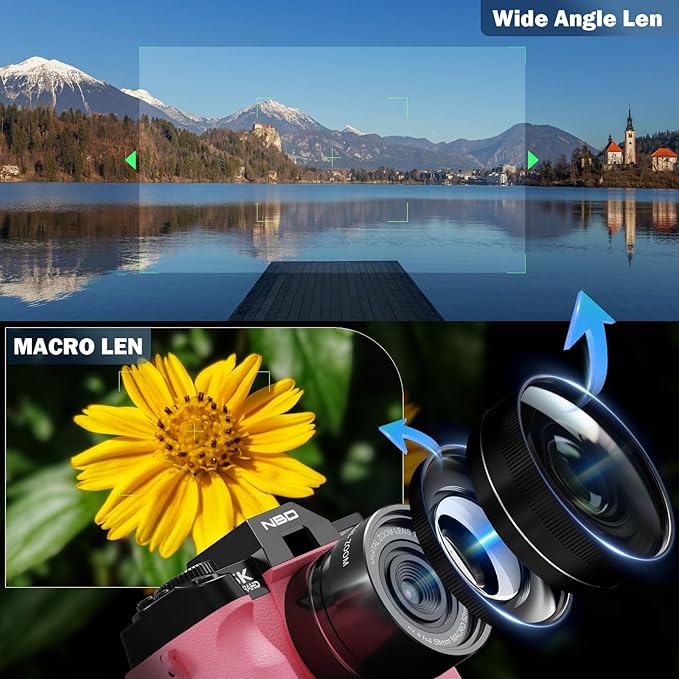 True 5K Digital Cameras for Photography 64MP - 16X Zoom, WiFi, with 64GB TF Card, Wide-Angle & Macro Lens, Autofocus & Anti-Shake, Vlogging Camera for YouTube Travel (Pink)