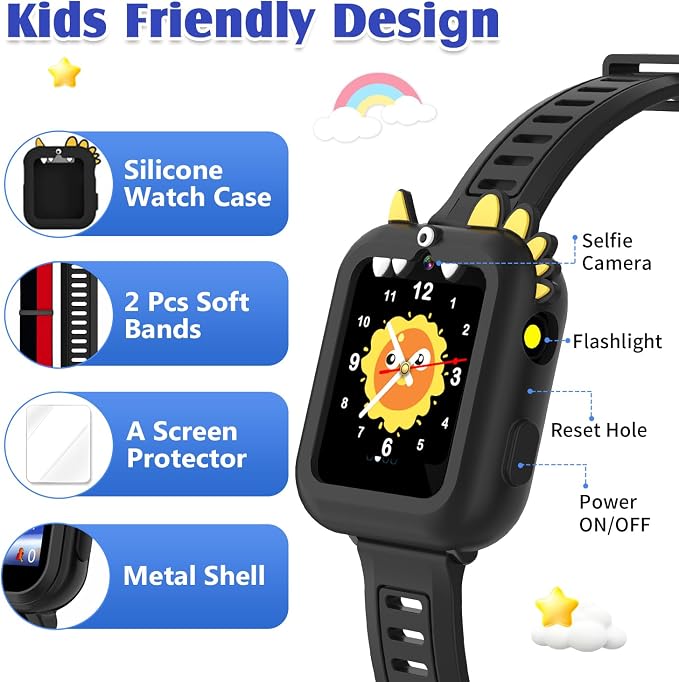 Smart Watch for Kids with 39 Games,Camera,Video,Music Player,Recorder,Alarm,Pedometer,Flashlight,Stopwatch,HD Touch Screen,Borthday Gift Toy for Boys Ages 3-12(Black)