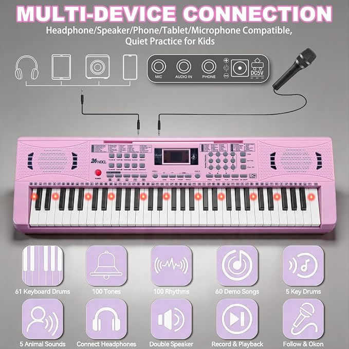 Keyboard Piano 61 Lighted Keys, Electric Keyboard Kit with 100 Voices, 100 Rhythms - Built-In Speaker, Microphone, Sheet Stand and Power Supply, Gift for Children Beginners [Pink, Piano Only]