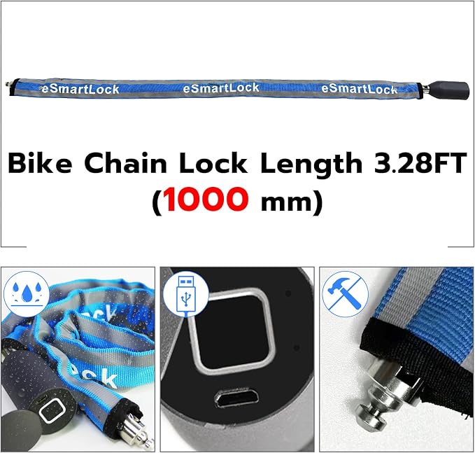 Chain Lock eLinkSmart Keyless Waterproof Bicycle 100CM Chain Lock for Bike Scooter Motorcycle Door Fence Gate Fingerprint Bluetooth App Heavy Duty Security Blue