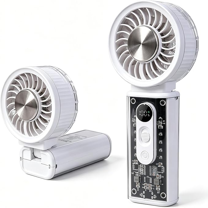 Portable Handheld Fan with Ice Cooler, 90° Flip Head, 3-in-1 Handheld Neck Desk Rechargeable Personal Fan,Up To 12H, 1-100 Speed 3600mAh 15000Rpm, for Travel Camping Home, Transparent, White
