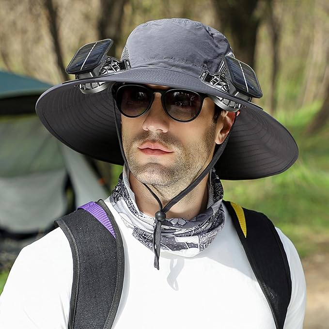 Solar Powered Fan Hat with 2 Fans, Wide Brim Sun Hat for Men Women, Adjustable Cooling Fishing Hat for Outdoor