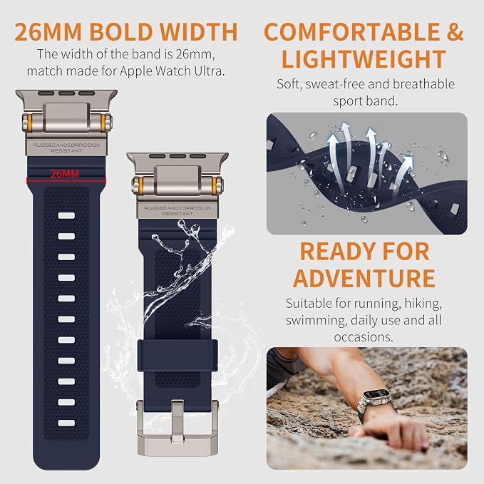 FOAMUNOC Rugged Band Compatible with Apple Watch Ultra 3/2/1 Band 49mm/46mm/45mm/44mm/42mm, Metal Connector with Strap for iWatch Ultra Series 11/10/9/8/7/6/SE3/SE2/SE/5/4/3/2/1, Navy Blue/Titanium
