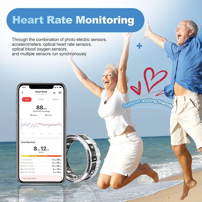 Smart Ring for Women & Men, AI Health Monitor with Blood Oxygen & Stress Tracking, No Subscription Fee, IP68 Waterproof Diamond-Encrusted Black 8#