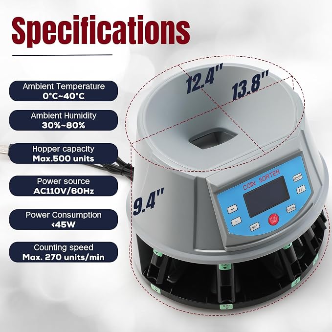 Coin Counter with LCD Dual-Display, Coin Sorter 300 Coins/min, Change Machine Large Capacity Hopper for 1￠ 5￠ 10￠ 25￠ $1, Included 5 Coin Bins & 5 Tubes & 5 Wrappers
