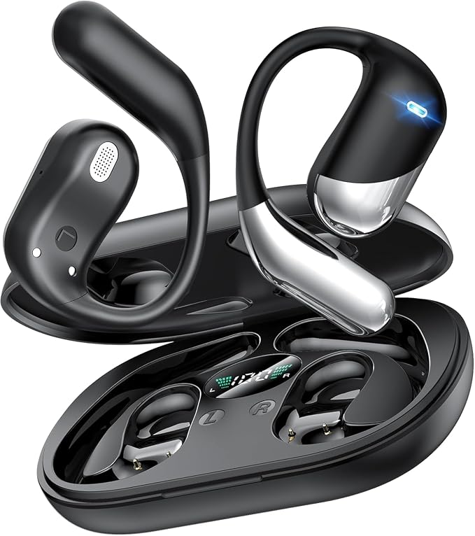 Paekole Ultra Open Ear Earbuds, Bone Conduction Headphones with Soft Earhook, Over the Ear Bluetooth Headphones 6.1 with Digital Display,60H Playtime,IP55 Waterproof, Comfort for Cycling,Running