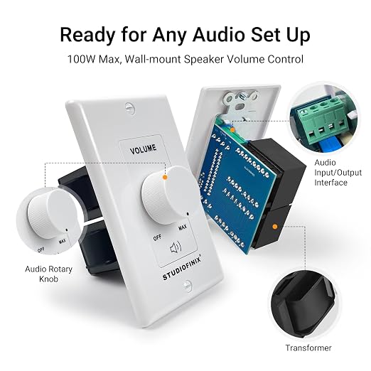 STUDIOFINIX 100W in Wall Volume Control Knob Matching Impedance - Home Audio Smart Speaker Stereo Controller Switch for Home Theater Indoor/Outdoor Remote Speakers