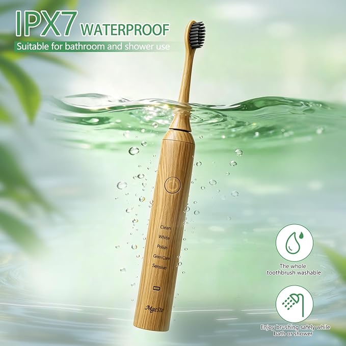 Natural Bamboo Electric Toothbrush for Adults - 4 Pack Bamboo Repalcement Brush Heads| 5 Cleaning Modes Long-Lasting Battery| PX7 Waterproof Rechargeable Toothbrush