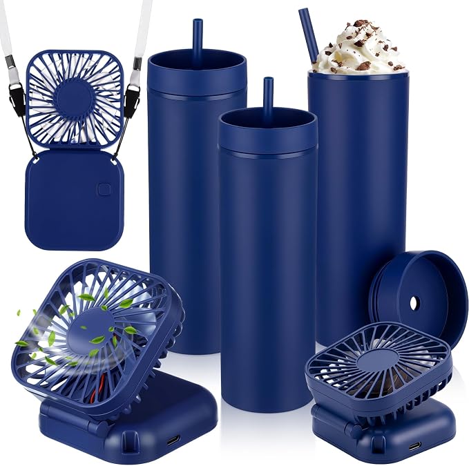 Reallnaive 6 Pcs Skinny Tumbler Bulk and Mini Portable Fans Set for Summer, 16 oz Plastic Cups with Lids Straws and Small USB Rechargeable Handheld Fan for Cooling Gift (Dark Blue)