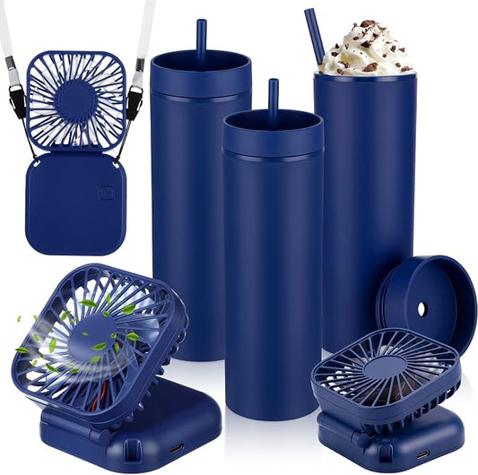 Reallnaive 6 Pcs Skinny Tumbler Bulk and Mini Portable Fans Set for Summer, 16 oz Plastic Cups with Lids Straws and Small USB Rechargeable Handheld Fan for Cooling Gift (Dark Blue)