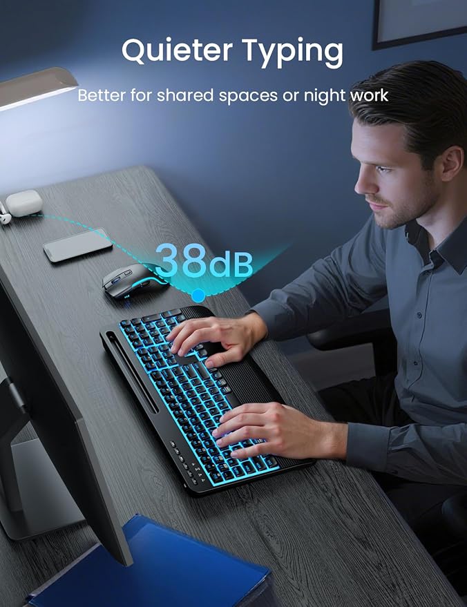 Wireless Keyboard and Mouse Combo,SABLUTE KM25Pro Rechargeable Backlit Ergonomic Keyboard with 4000mAh Battery, Wrist Rest and Phone Holder, Quiet for PC/Mac/Laptop/Windows/Chrome OS