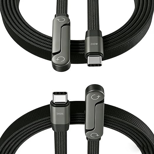 240W Invisible Stand Fast Charging Cable, 240W USB C to USB C Flat Cable 90 Degree Angled, Sideways Phone Type C Charger Cord (4.9FT) Compatible with iPhone 17 Series (Black) (2)