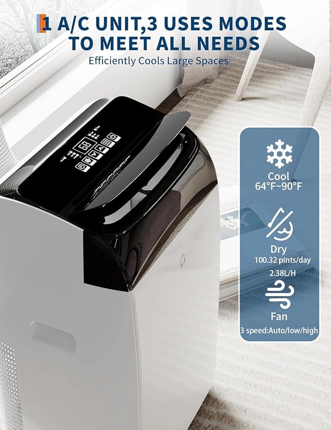 Garvee 14,000 BTU AC Unit, 3-in-1 Portable Air Conditioner with Cooling, Dehumidifier & Fan for Rooms up to 750 sq.ft, Remote Control, Sleep Mode, Timer & Window Kit
