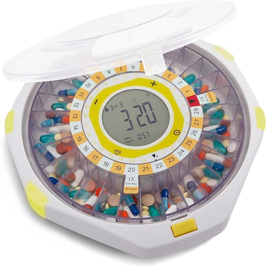 LiveFine Bluetooth Automatic Pill Dispenser, 28-Day Capacity, Sound & Light Alerts, Key Lock, LCD & Easy Setup on the LiveFine App for Prescriptions, Medications, Vitamins & Supplements - Frosted Lid