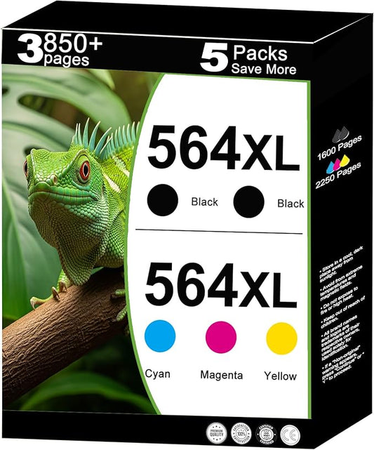 564XL Ink Cartridges for hp Black Color Combo Replacement for 564 XL 5 Pack hp564xl for 7520 6520 5520 3520 4620 7525 6525 6510 5510 7510 B8550 C6300 D5400 D7560 Printers Black Cyan Magenta Yellow