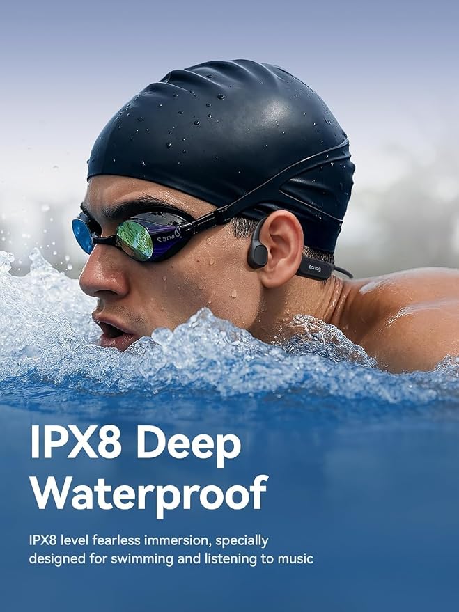 Sanag B33S Bone Conduction Headphone Swimming, IPX8 Waterproof Underwater Earphone, Bluetooth Open Ear Earbuds with Mic, 32GB MP3 Memory, Noise Reduction Call, 8H Playtime for Running Sport Swim, Blue