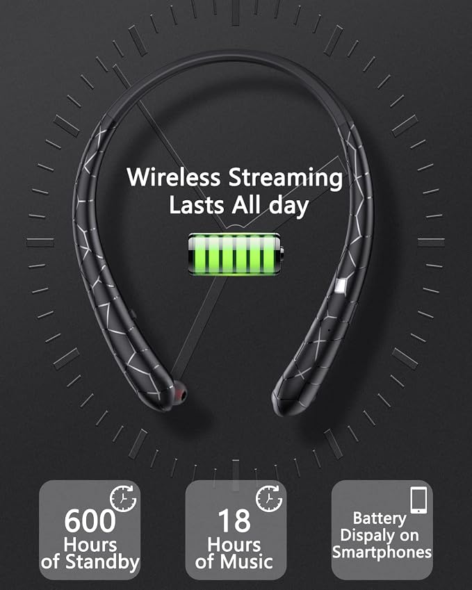 Bluetooth 5.3 Neckband Bluetooth Headphones, Sweat-Resistant Noise Canceling Stereo, Retractable Headphones for Music, Conference, Videos, Fitness, Travel, Online Classes