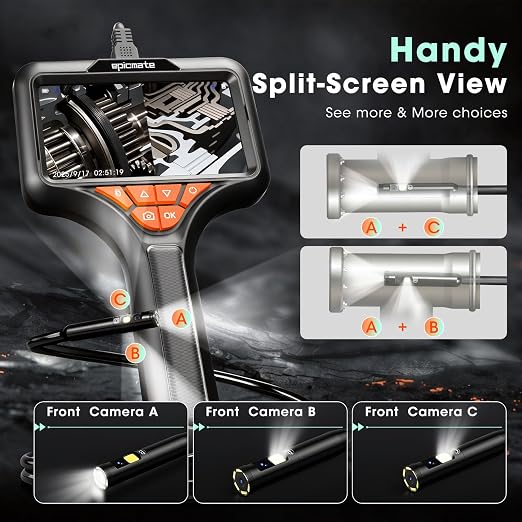 Triple Lens Endoscope Camera with Light- 5" 1080P HD Handheld Borescope with 50FT Semi-Rigid Cable, Waterproof Sewer Inspection Camera with 32GB Card, Drain Plumbing Camera & Gifts for Men