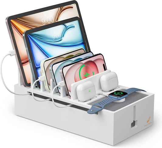 Pezin & Hulin Multi Charger Station Organizer Rack, Bamboo Cable Management Box, Power Strips and Cord Hider, Nightstand Device Organizer (Include 6 Cables)(No Power Charging Supply) -White